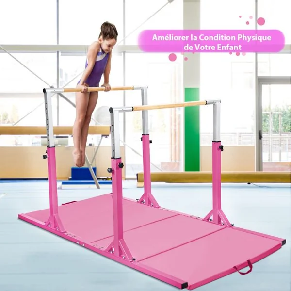 Barres Parallèles de Gymnastique Hauteur Réglable 11 Niveaux Double Barre à Largeur Réglable Charge 100KG pour 6-12 Ans Bleu/Rose/Violet
