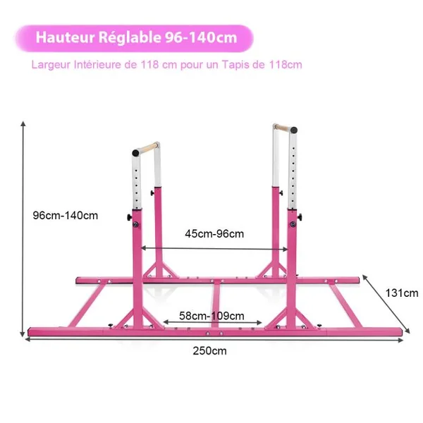 Barres Parallèles de Gymnastique Hauteur Réglable 11 Niveaux Double Barre à Largeur Réglable Charge 100KG pour 6-12 Ans Bleu/Rose/Violet