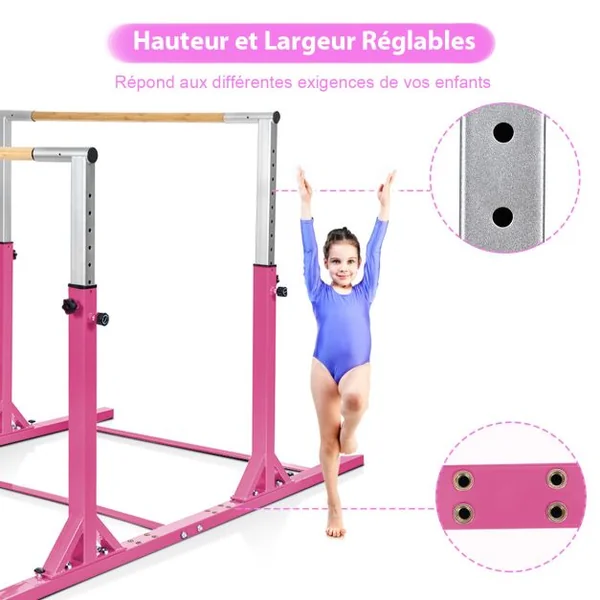Barres Parallèles de Gymnastique Hauteur Réglable 11 Niveaux Double Barre à Largeur Réglable Charge 100KG pour 6-12 Ans Bleu/Rose/Violet