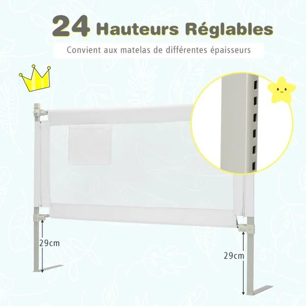 Barrière de Lit Enfants 145x25CM avec 24 Hauteurs Réglables(72,5-101,5) Barrière de Sécurité Pliable et Portable avec Poche de Rangement Blanc