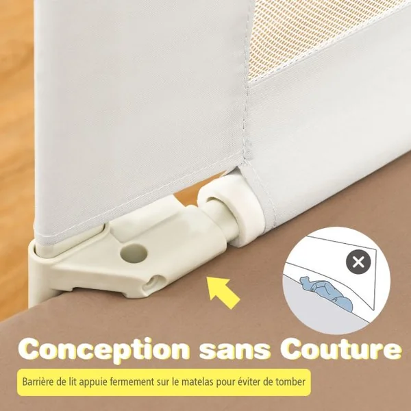Barrière de Lit Enfants 145x25CM avec 24 Hauteurs Réglables(72,5-101,5) Barrière de Sécurité Pliable et Portable avec Poche de Rangement Blanc