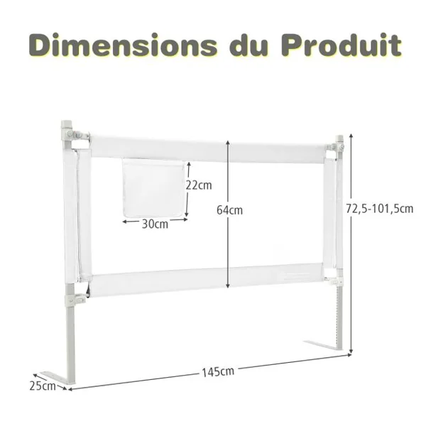 Barrière de Lit Enfants 145x25CM avec 24 Hauteurs Réglables(72,5-101,5) Barrière de Sécurité Pliable et Portable avec Poche de Rangement Blanc