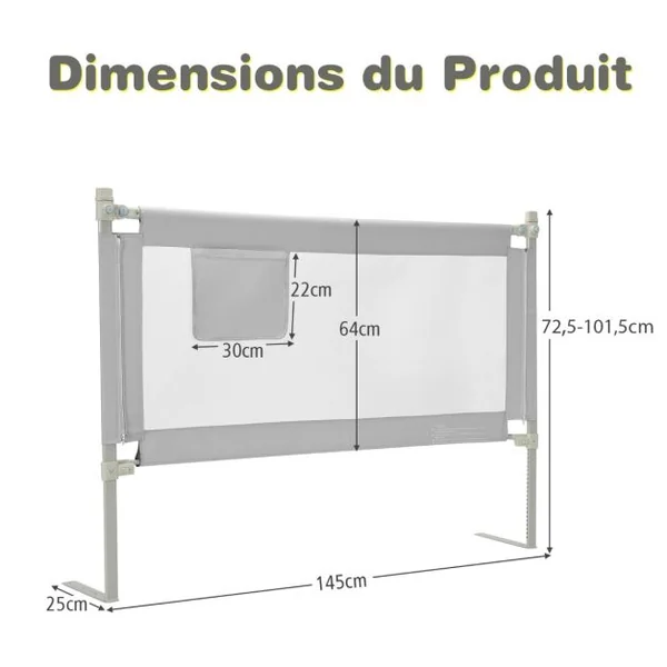 Barrière de Lit Enfants 145x25CM avec 24 Hauteurs Réglables(72,5-101,5) Barrière de Sécurité Pliable et Portable avec Poche de Rangement Gris