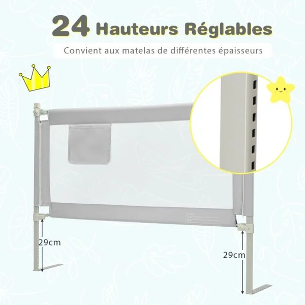 Barrière de Lit Enfants 145x25CM avec 24 Hauteurs Réglables(72,5-101,5) Barrière de Sécurité Pliable et Portable avec Poche de Rangement Gris