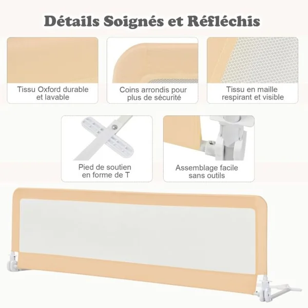 Barrière de Lit Enfants 180 x 56 cm avec Sangles Barrière de Sécurité Pliable avec Tissu en Maille Respisante Angle Réglable 0°à 180° Beige