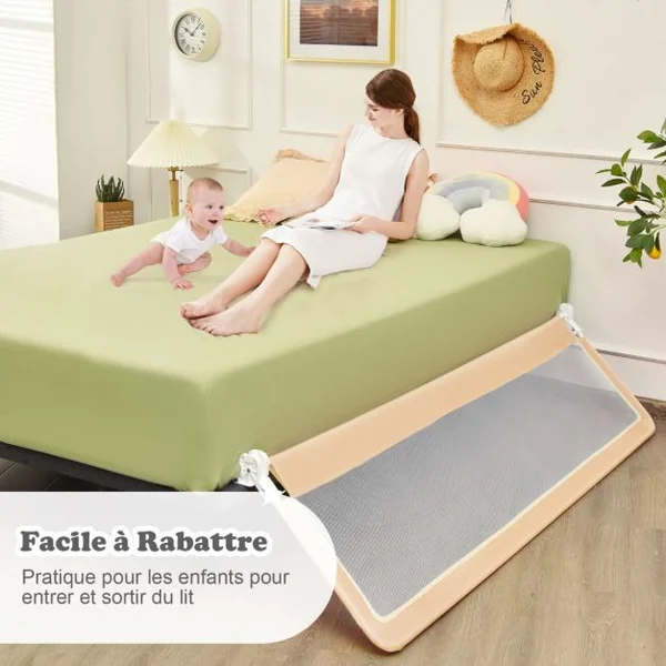 Barrière de Lit Enfants 180 x 56 cm avec Sangles Barrière de Sécurité Pliable avec Tissu en Maille Respisante Angle Réglable 0°à 180° Beige