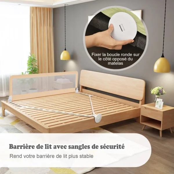 Barrière de Lit Enfants 180 x 56 cm avec Sangles Barrière de Sécurité Pliable avec Tissu en Maille Respisante Angle Réglable 0°à 180° Beige