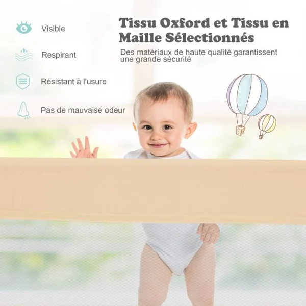 Barrière de Lit Enfants 180 x 56 cm avec Sangles Barrière de Sécurité Pliable avec Tissu en Maille Respisante Angle Réglable 0°à 180° Beige