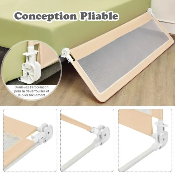 Barrière de Lit Enfants 180 x 56 cm avec Sangles Barrière de Sécurité Pliable avec Tissu en Maille Respisante Angle Réglable 0°à 180° Beige