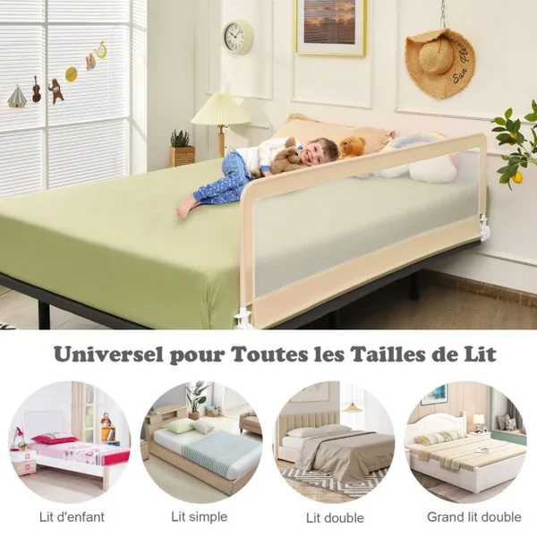 Barrière de Lit Enfants 180 x 56 cm avec Sangles Barrière de Sécurité Pliable avec Tissu en Maille Respisante Angle Réglable 0°à 180° Beige