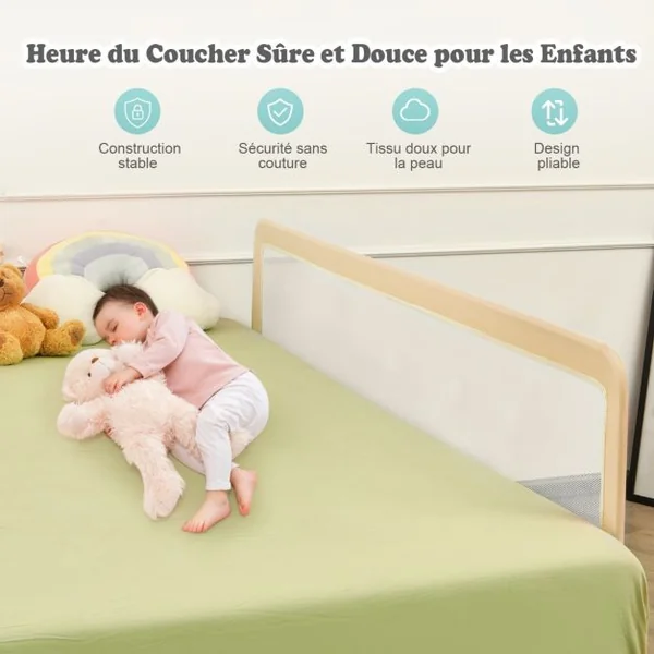 Barrière de Lit Enfants 180 x 56 cm avec Sangles Barrière de Sécurité Pliable avec Tissu en Maille Respisante Angle Réglable 0°à 180° Beige