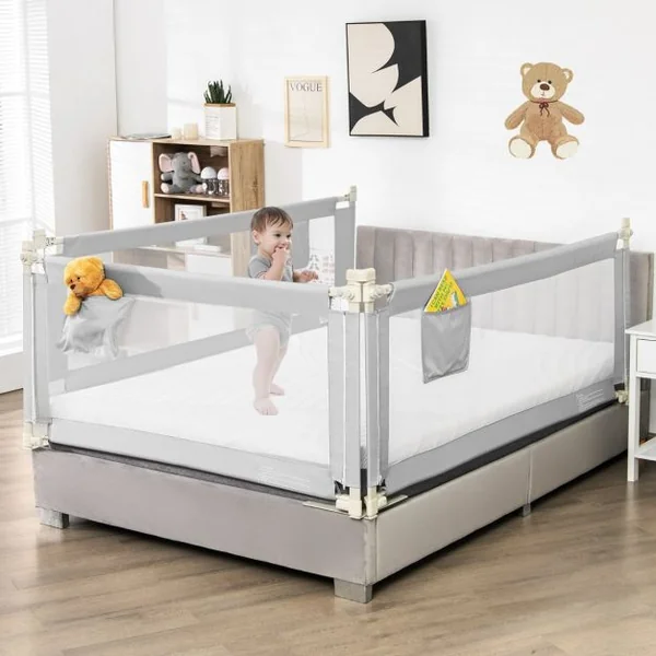 Barrière de Lit pour Bébé de 176,5 cm Garde-corps de Lit pour Bébé Coton Anticollision Poche Latérale 24 Hauteurs Réglables Gris