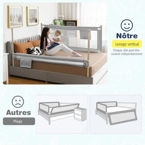 Barrière de Lit pour Bébé de 176,5 cm Garde-corps de Lit pour Bébé Coton Anticollision Poche Latérale 24 Hauteurs Réglables Gris