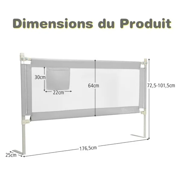 Barrière de Lit pour Bébé de 176,5 cm Garde-corps de Lit pour Bébé Coton Anticollision Poche Latérale 24 Hauteurs Réglables Gris