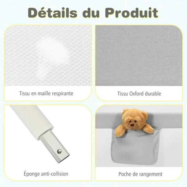 Barrière de Lit pour Bébé de 176,5 cm Garde-corps de Lit pour Bébé Coton Anticollision Poche Latérale 24 Hauteurs Réglables Gris