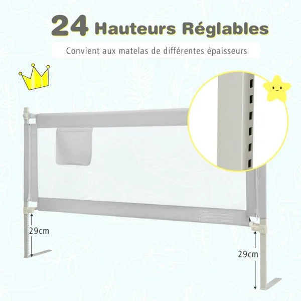 Barrière de Lit pour Bébé de 176,5 cm Garde-corps de Lit pour Bébé Coton Anticollision Poche Latérale 24 Hauteurs Réglables Gris
