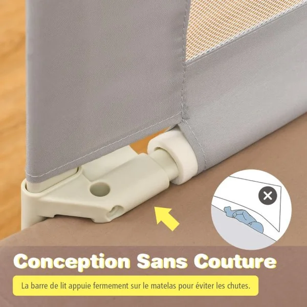 Barrière de Lit pour Bébé de 176,5 cm Garde-corps de Lit pour Bébé Coton Anticollision Poche Latérale 24 Hauteurs Réglables Gris