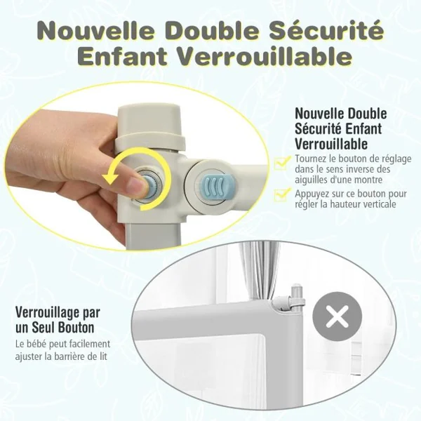 Barrière de Lit pour Bébé de 176,5 cm Garde-corps de Lit pour Bébé Coton Anticollision Poche Latérale 24 Hauteurs Réglables Gris
