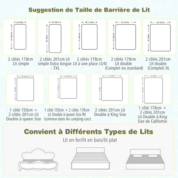 Barrière de Lit pour Bébé de 176,5 cm Garde-corps de Lit pour Bébé Coton Anticollision Poche Latérale 24 Hauteurs Réglables Gris