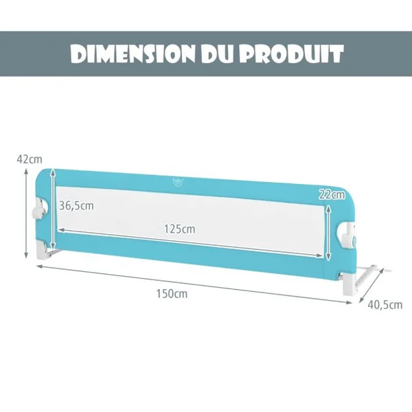Barrière de Lit pour Enfant / Bébé 150 CM Maillage Rabattable et Portable Protection Bord de Lit Bleu