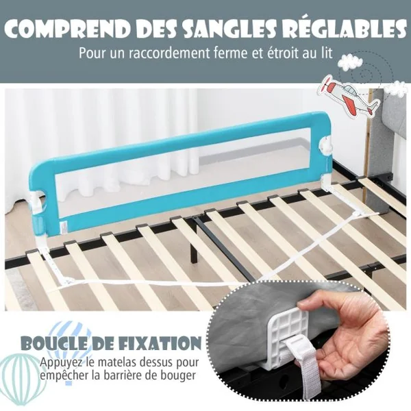 Barrière de Lit pour Enfant / Bébé 150 CM Maillage Rabattable et Portable Protection Bord de Lit Bleu