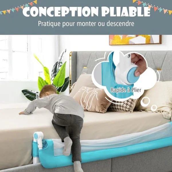Barrière de Lit pour Enfant / Bébé 150 CM Maillage Rabattable et Portable Protection Bord de Lit Bleu