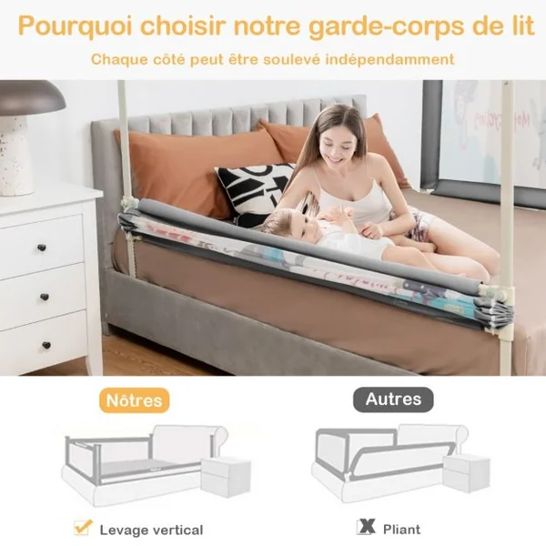 Barrière de Lit Rail de Lit de Sécurité pour Tout-Petits Réglable en Hauteur 72,5 -101,5cm Gris Foncé