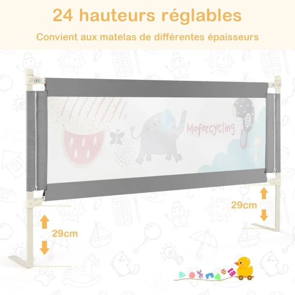 Barrière de Lit Rail de Lit de Sécurité pour Tout-Petits Réglable en Hauteur 72,5 -101,5cm Gris Foncé