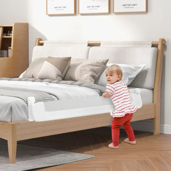 Barrière de Lit Universelle Pliable pour Enfants Barrière de Lit Rabattable de 152 cm avec Sangle de Sécurité Réglable Blanc/Gris