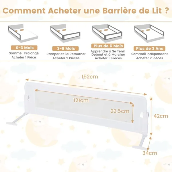 Barrière de Lit Universelle Pliable pour Enfants Barrière de Lit Rabattable de 152 cm avec Sangle de Sécurité Réglable Blanc/Gris