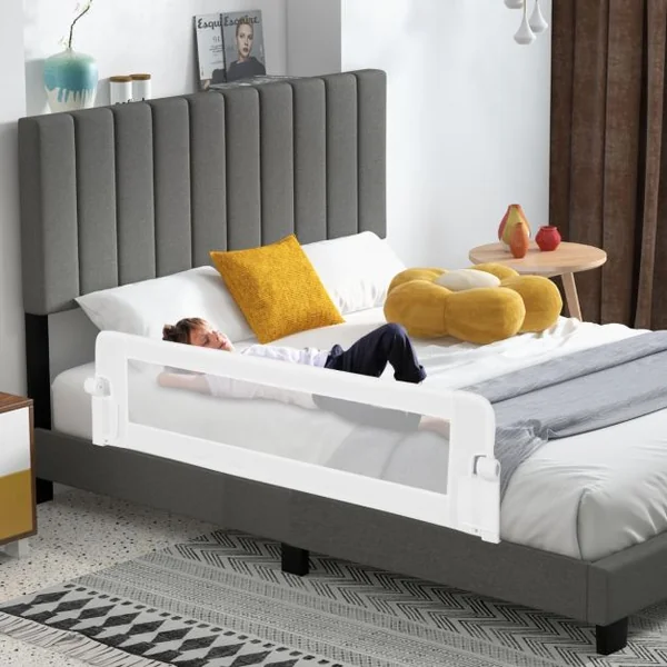 Barrière de Lit Universelle Pliable pour Enfants Barrière de Lit Rabattable de 152 cm avec Sangle de Sécurité Réglable Blanc/Gris