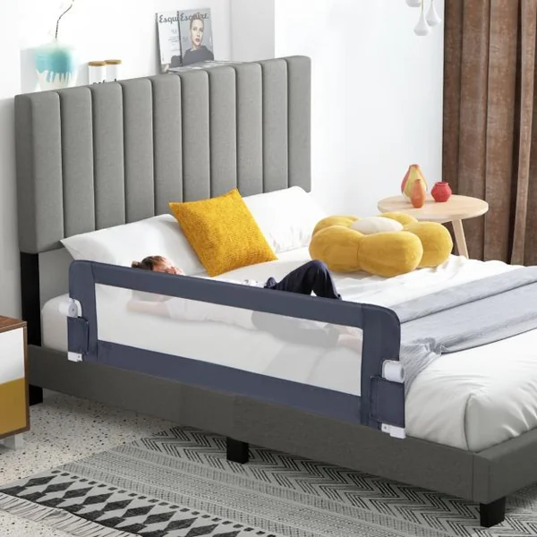 Barrière de Lit Universelle Pliable pour Enfants Barrière de Lit Rabattable de 152 cm avec Sangle de Sécurité Réglable Blanc/Gris