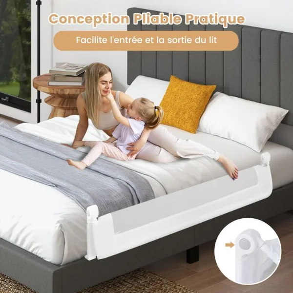 Barrière de Lit Universelle Pliable pour Enfants Barrière de Lit Rabattable de 152 cm avec Sangle de Sécurité Réglable Blanc/Gris