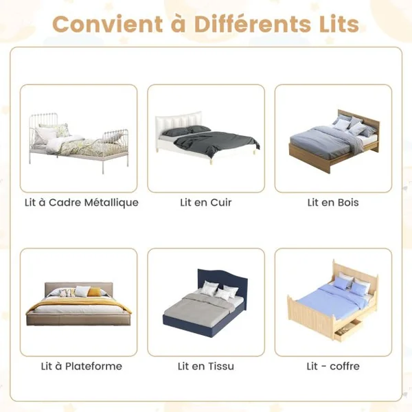 Barrière de Lit Universelle Pliable pour Enfants Barrière de Lit Rabattable de 152 cm avec Sangle de Sécurité Réglable Blanc/Gris