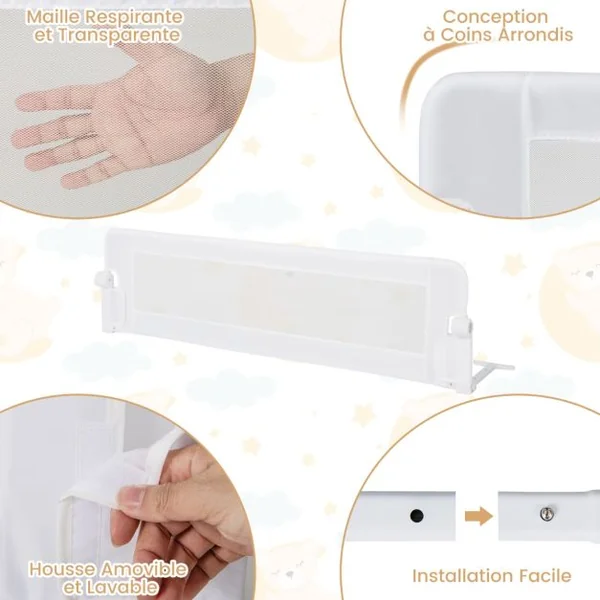 Barrière de Lit Universelle Pliable pour Enfants Barrière de Lit Rabattable de 152 cm avec Sangle de Sécurité Réglable Blanc/Gris