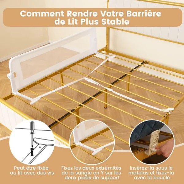 Barrière de Lit Universelle Pliable pour Enfants Barrière de Lit Rabattable de 152 cm avec Sangle de Sécurité Réglable Blanc/Gris