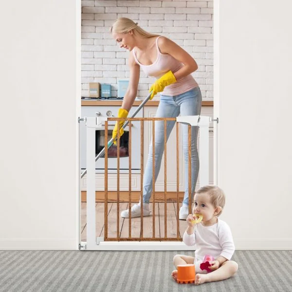 Barrière de Sécurité Bébé Extensible 75-81cm à Fermeture Automatique Barrière d'Escalier à Fixation par Pression Sans Percage Ouverture à une Main Blanc