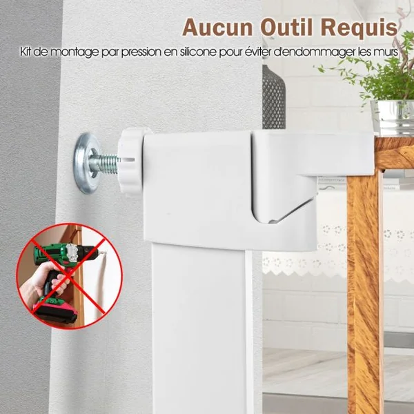 Barrière de Sécurité Bébé Extensible 75-81cm à Fermeture Automatique Barrière d'Escalier à Fixation par Pression Sans Percage Ouverture à une Main Blanc