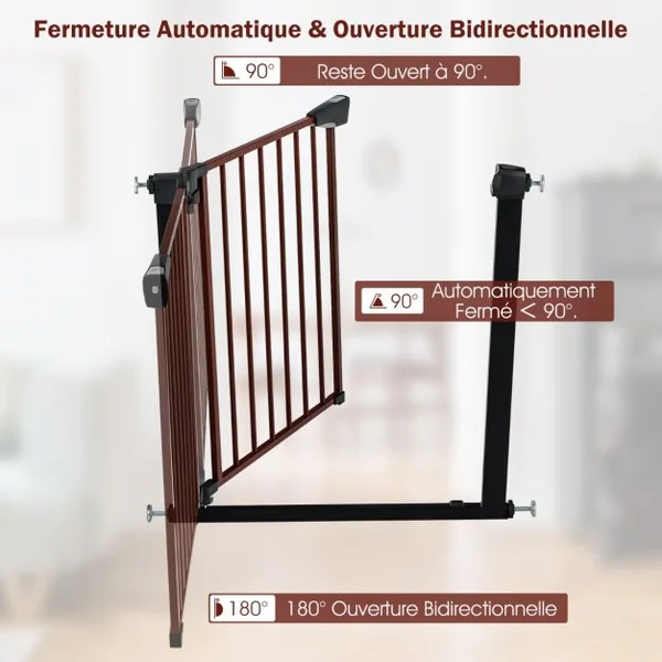 Barrière de Sécurité Bébé Extensible 75-81cm à Fermeture Automatique Barrière d'Escalier à Fixation par Pression Sans Percage Ouverture à une Main Noir