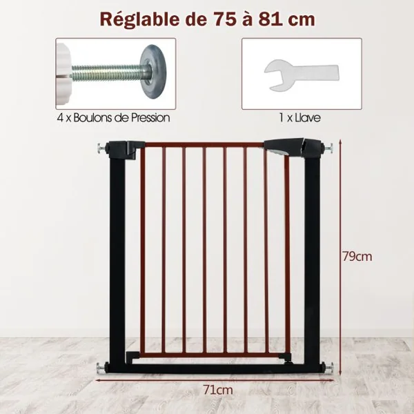 Barrière de Sécurité Bébé Extensible 75-81cm à Fermeture Automatique Barrière d'Escalier à Fixation par Pression Sans Percage Ouverture à une Main Noir