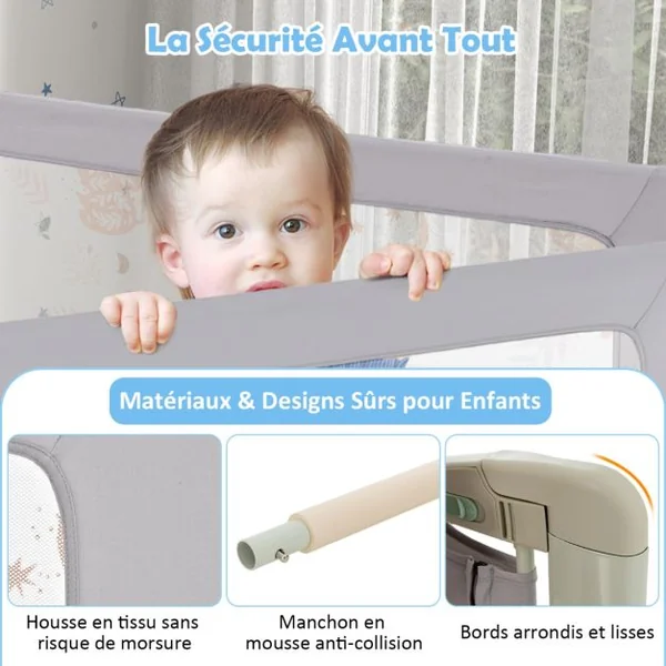 Barrière de Sécurité de Lit Bébé Portable 150CM Hauteur Réglable Soulèvement Vertical Double Verrou de Sécurité Gris Vert