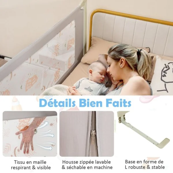 Barrière de Sécurité de Lit Bébé Portable 180CM Hauteur Réglable Soulèvement Vertical Double Verrou de Sécurité Gris Clair