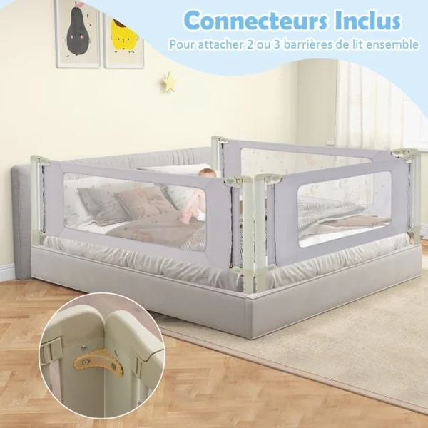 Barrière de Sécurité de Lit Bébé Portable 180CM Hauteur Réglable Soulèvement Vertical Double Verrou de Sécurité Gris Clair