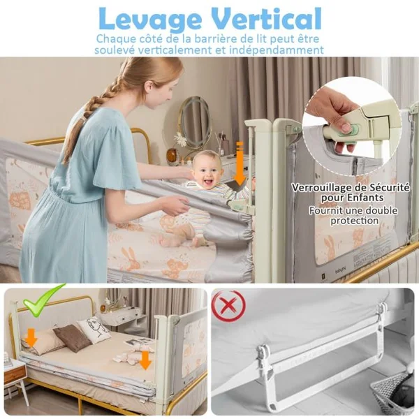 Barrière de Sécurité de Lit Bébé Portable 180CM Hauteur Réglable Soulèvement Vertical Double Verrou de Sécurité Gris Clair