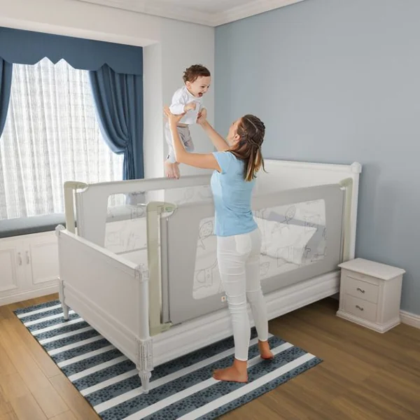 Barrière de Sécurité de Lit Bébé Portable 200CM Hauteur Réglable Soulèvement Vertical Double Verrou de Sécurité Gris