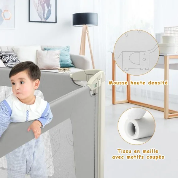 Barrière de Sécurité de Lit Bébé Portable 200CM Hauteur Réglable Soulèvement Vertical Double Verrou de Sécurité Gris