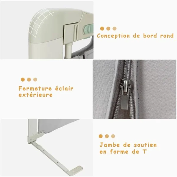 Barrière de Sécurité de Lit Bébé Portable 200CM Hauteur Réglable Soulèvement Vertical Double Verrou de Sécurité Gris