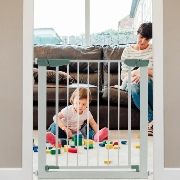 Barrière de Sécurité pour Bébé/Animaux Longueur Extensible 76-82,5cm Fermeture Automatique Métal Montage sous Pression Blanc Blanc