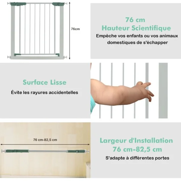 Barrière de Sécurité pour Bébé/Animaux Longueur Extensible 76-82,5cm Fermeture Automatique Métal Montage sous Pression Blanc Blanc