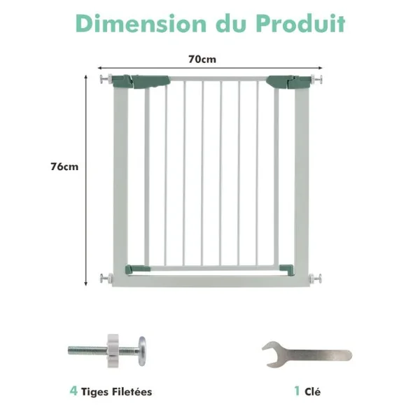 Barrière de Sécurité pour Bébé/Animaux Longueur Extensible 76-82,5cm Fermeture Automatique Métal Montage sous Pression Blanc Blanc